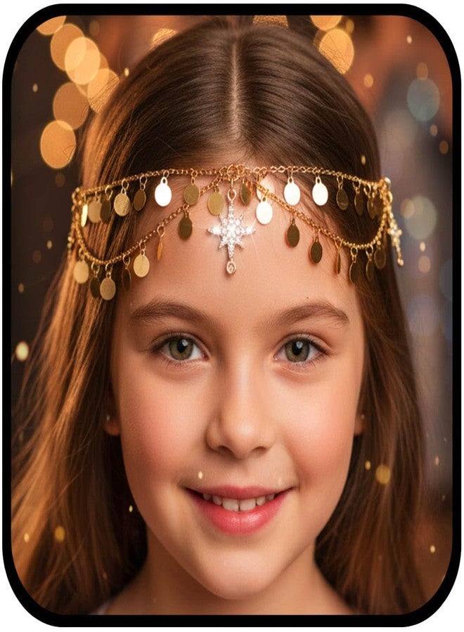 Urieo Gold Sequin Head Chain Jewelry, Star Halo Rhinestone Headpiece, Boho Crystal Prom Halloween Hair Accessories for Girls - Image 1